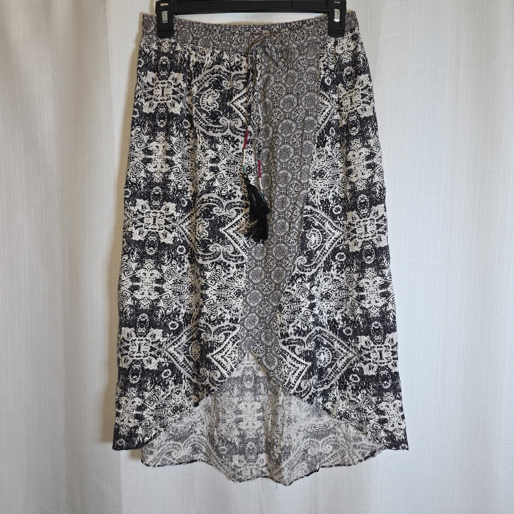 Angie Black Floral Paisley Tiered Maxi Skirt S Front Slit Boho Rayon NWOT